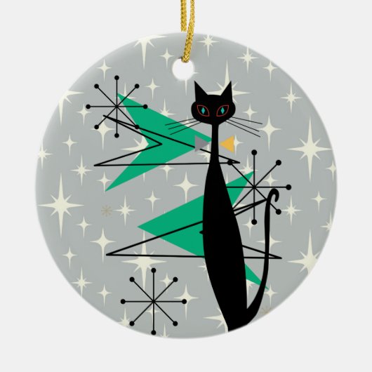 レトロ原子時代ミッドセンチュリーモダンMCMカッコいい猫 セラミックオーナメント (正面)