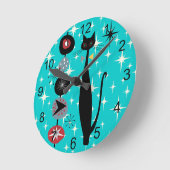 レトロ原子時代ミッドセンチュリーモダンMCMカッコいい Cat 2 ラウンド壁時計 (傾斜)