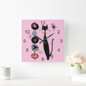 レトロ原子時代ミッドセンチュリーモダンMCMカッコいい Cat 3 スクエア壁時計 (ホーム)