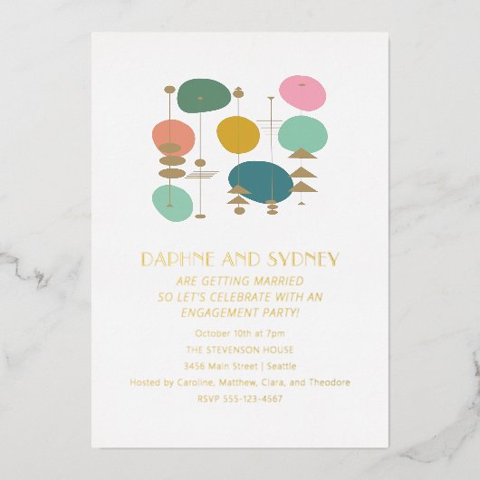 レトロ原子時代ミッドモダン婚約パーティ金ゴールド  箔招待状 (正面)