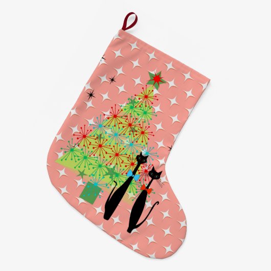 レトロ原子時代中世の猫ペア(モダン猫のペクールア) ラージクリスマスストッキング (正面 (吊り時))