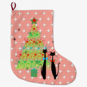 レトロ原子時代中世の猫ペア(モダン猫のペクールア) ラージクリスマスストッキング (正面)