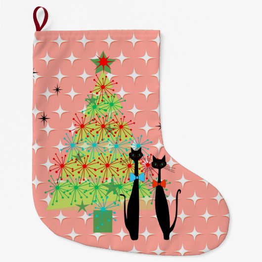 レトロ原子時代中世の猫ペア(モダン猫のペクールア) ラージクリスマスストッキング (正面)