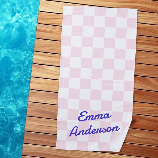 レトロ名ライトピンク白チェッカーボードパターン ビーチタオル