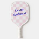 レトロ名ライトピンク白チェッカーボードパターン ピックルボールラケット (正面)