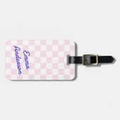 レトロ名ライトピンク白チェッカーボードパターン ラゲッジタグ (正面横)