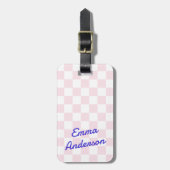 レトロ名ライトピンク白チェッカーボードパターン ラゲッジタグ (正面縦)