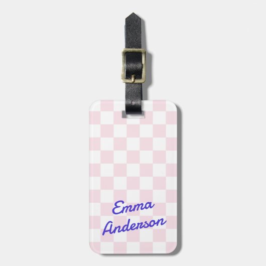 レトロ名ライトピンク白チェッカーボードパターン ラゲッジタグ (正面縦)
