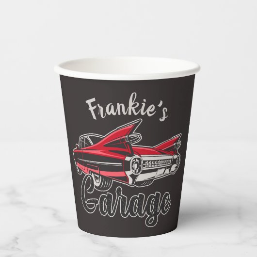 レトロ名レッドキャディヴィンテージクラシックカーガレージ 紙コップ (正面)