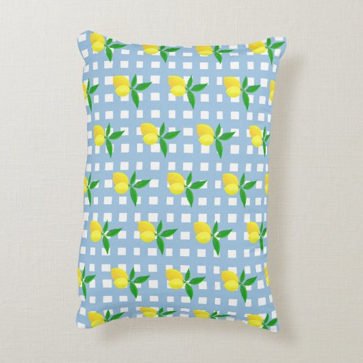 レトロ名門私立校風のスタイルイエローレモン青ホワイトチェック アクセントクッション (裏面(縦))
