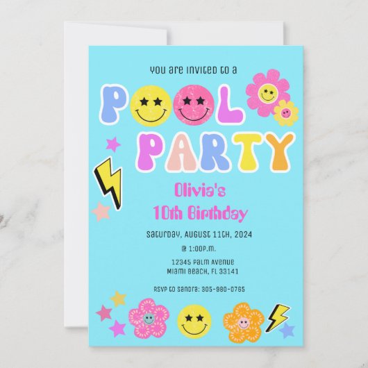レトロ名門私立校風のY2Kプールパーティーハッピー顔誕生日 招待状 (正面)