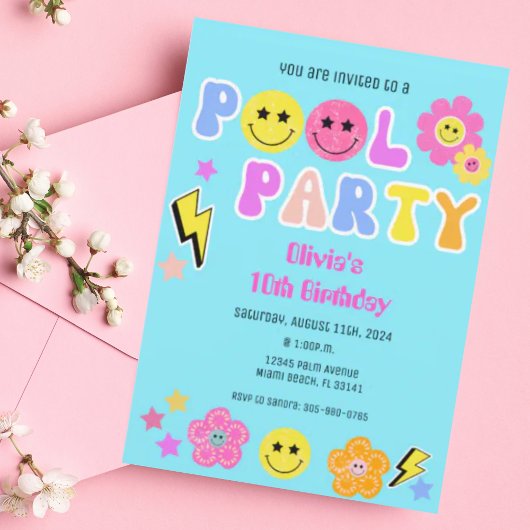 レトロ名門私立校風のY2Kプールパーティーハッピー顔誕生日 招待状
