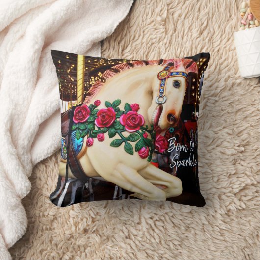 レトロ回転木馬馬の写真生まれをSparkleスクリプトへ クッション (ブランケット)