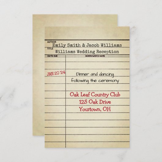 レトロ図書室カード結婚式レセプション 招待状 (正面/裏面)