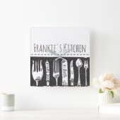 レトロ図解入りの、写真付きのカトラリースクエアカスタム文字 スクエア壁時計 (ホーム)