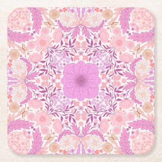 レトロ園花模様ピンク スクエアペーパーコースター (正面)