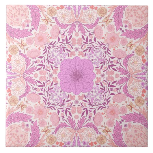 レトロ園花模様ピンク タイル (正面)