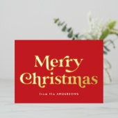 レトロ型メリークリスマスレッドと金ゴールド 箔シーズンカード (立ち正面)