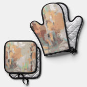 レトロ夏の素朴なほこりっぽいオレンジ自然、トープ 鍋つかみ&鍋敷きセット (正面/裏面)