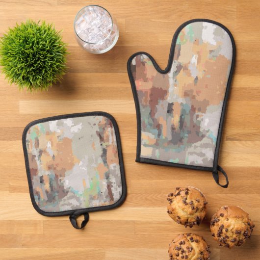 レトロ夏の素朴なほこりっぽいオレンジ自然、トープ 鍋つかみ&鍋敷きセット (トップダウン)