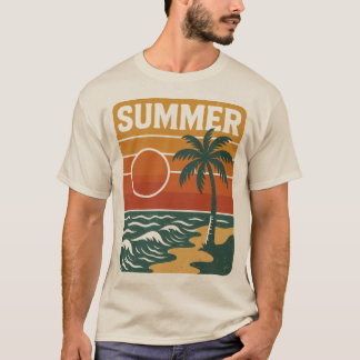 レトロ夏ビーチイラストレーションとヤシの木 Tシャツ