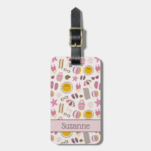 レトロ夏ビーチ名パーソナライズされた前 ラゲッジタグ (正面縦)