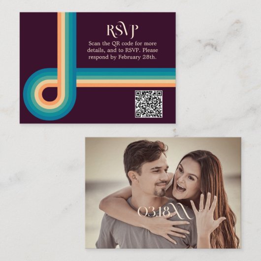 レトロ夏ヴィンテージ写真QRコードウェディングRSVP エンクロージャーカード (正面/裏面)