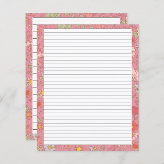 レトロ夏花模様ピンク文房具紙 (正面/裏面)