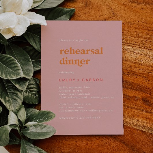 レトロ夏 |ピンクとオレンジのリハーサルディナー 招待状