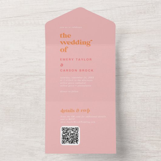 レトロ夏 |ピンクとオレンジ結婚の オールインワン招待状 (内側)