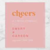 レトロ夏 |ピンクのオレンジ色の応援結婚ズ ワインラベル (シングルラベル)