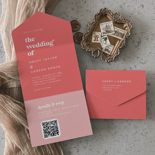 レトロ夏 |ホットピンク結婚ズ オールインワン招待状