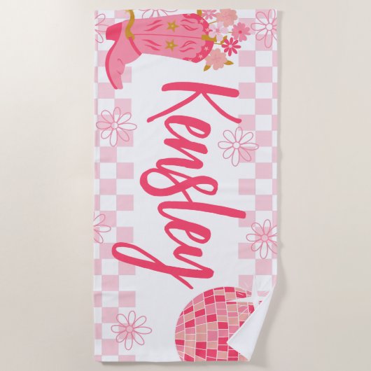 レトロ女性のカーボーイスタイルパーソナライズされたビーチタオル ビーチタオル (正面)