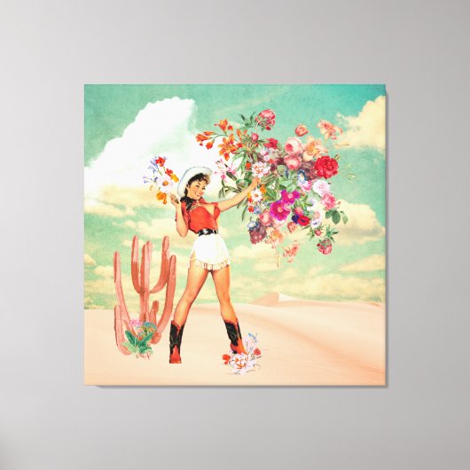 レトロ女性のカーボーイピンナップブーケデザートシュレアルコラージュ キャンバスプリント (正面)