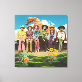 レトロ女性のカーボーイホースシュールコラージュ キャンバスプリント