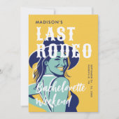 レトロ女性のカーボーイラストロデオグラムイエローバチェロレッテ 招待状 (正面)