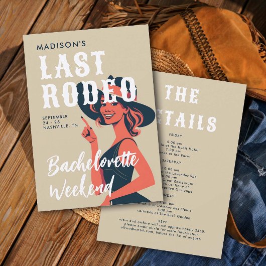 レトロ女性のカーボーイラストロデオグラムリネンバチェロレッテ 招待状