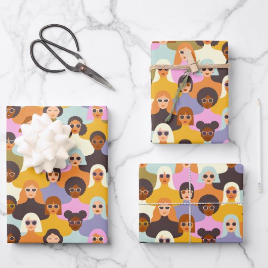 レトロ女性の世界のパターン ラッピングペーパーシート (正面)