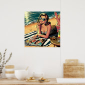 レトロ女性アットビーチ読ズファッション誌 ポスター (キッチン)