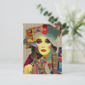 レトロ女性カラフル混合メディアコラージュ抽象芸術 ポストカード (スタンド正面)