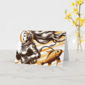 レトロ女性宇宙飛行士と魚すべての行事 カード (黄色い花)