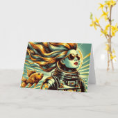 レトロ女性宇宙飛行士と魚すべての行事 カード (黄色い花)