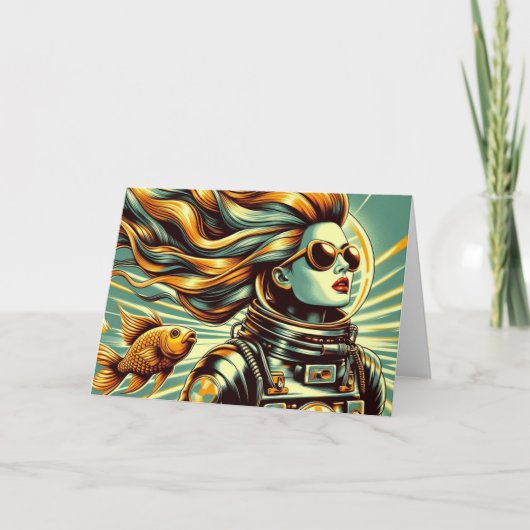 レトロ女性宇宙飛行士と魚すべての行事 カード (正面)