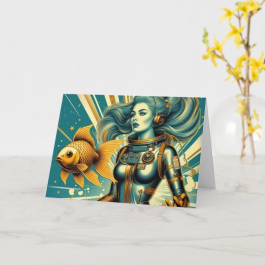 レトロ女性宇宙飛行士と魚すべての行事 カード (黄色い花)