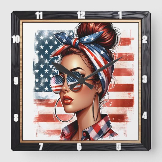 レトロ女性愛国的アメリカ国旗 スクエア壁時計 (正面)