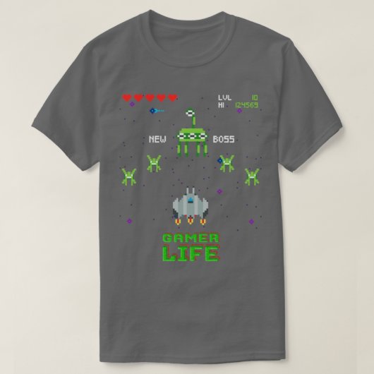 レトロ宇宙アーケードビデオゲーム3 Tシャツ (デザイン正面)