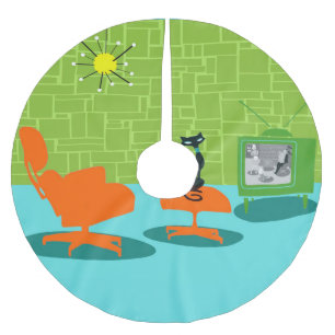 レトロ宇宙エイジ子猫クリスマスツリースカート ブラッシュドポリエステルツリースカート