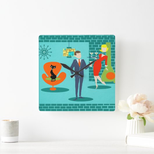 レトロ宇宙エージカートゥーンカップルの壁時計 スクエア壁時計 (ホーム)