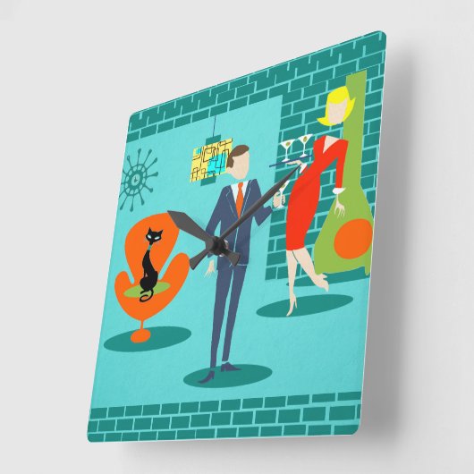 レトロ宇宙エージカートゥーンカップルの壁時計 スクエア壁時計 (傾斜)