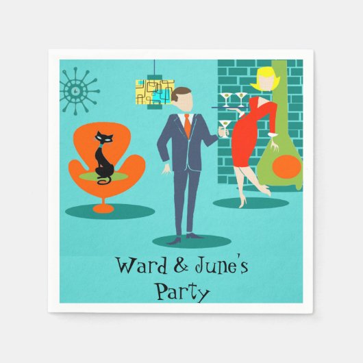 レトロ宇宙エージカートゥーンカップルカクテルナプキンス スタンダードカクテルナプキン (正面)